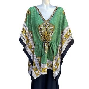 Green Paisley Print Caftan Tunic Top Boho Chic Kimono‎ Coverup Resort Wear